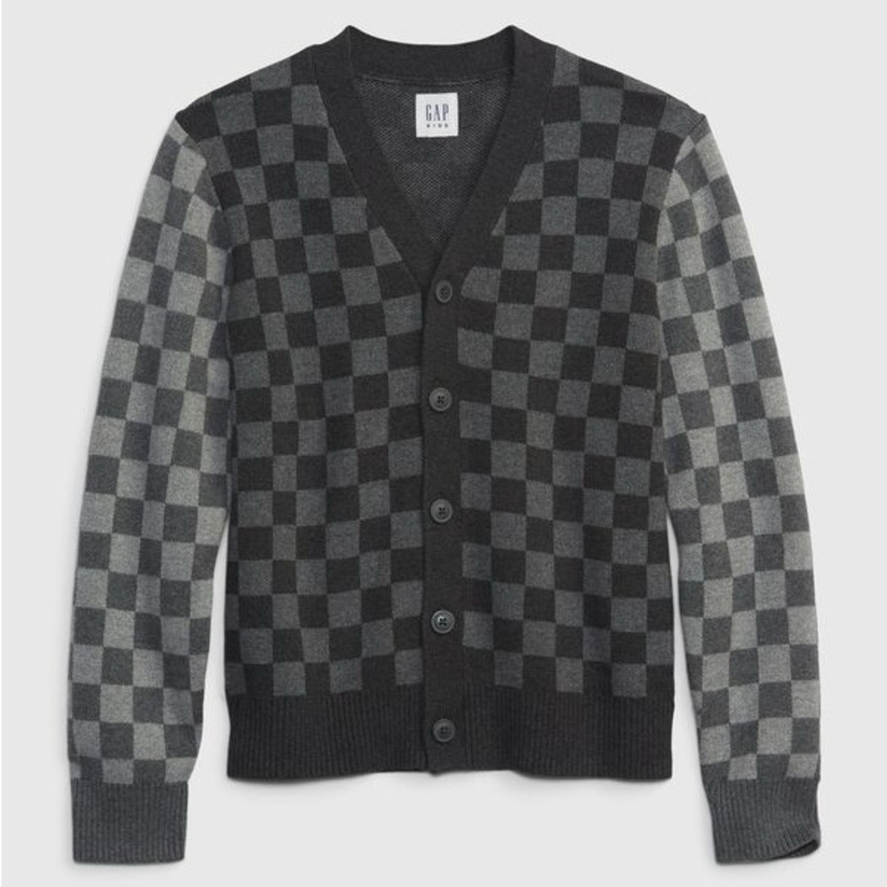 GAP Boy’s Black and Gray Checkered Cardigan Size 6-7